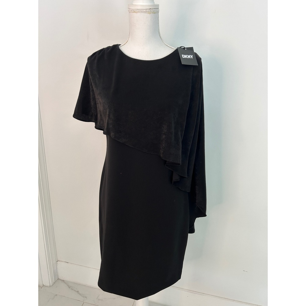 DKNY Womens NWT Black Asymmetrical Overlay Sheath Dress Sleeveless Crew Neck